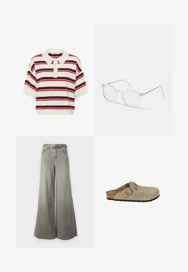 Kortærmet strikket polo med bred krave, cremefarvet bund og horisontale bordeaux- og røde striber, med fire knapper foran.; Vero Moda Tall VMANNET WIDE BELT - Wide leg - medium grey denim; Beige ruskindsklipklapper med rund tå, justerbar rem og spænde, kork-mellemsål og tekstureret sort gummisål for godt greb.; Klare runde stelbriller med gennemsigtige plastlinser og sølvfarvede metalarme. Minimalistisk design med subtile detaljer ved hængslet.