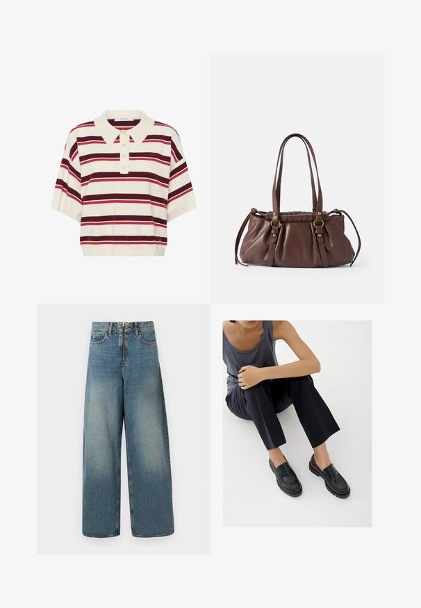 Polo à manches courtes en maille avec col large, base crème et rayures horizontales bordeaux et rouges, doté de quatre boutons à l'avant.; Jeans en denim à jambes larges dans un délavage bleu clair. Dotés d'un zip et d'une fermeture à bouton, avec un délavage subtil pour un look usé.; Mocassins en cuir noir avec accents texturés, talon bas, bout arrondi, et coutures visibles. Modèle portant un pantalon sombre et un haut gris.; Sac à main en cuir brun avec deux longues poignées, design froncé, accents en métal doré et finition texturée.