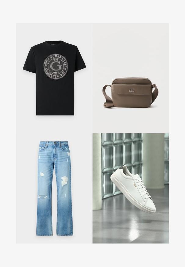 Camiseta de algodón negra con un gráfico redondo en blanco que presenta la letra "G" y el texto "GUESS EST. 1981" en un patrón horizontal. Mangas cortas.; Vaqueros de mezclilla azul claro con un diseño de pierna recta, que presentan detalles desgastados y un acabado desvaído. Incluyen un botón de metal y cinco bolsillos.; Zapatilla deportiva de piel blanca de corte bajo con cordones, lengüeta negra en el talón y logo "BOSS", flotando en interiores cerca de una pared de bloques de vidrio y suelo pulido.; Pequeño bolso bandolera topo con correa ajustable y bolsillo frontal con solapa que presenta un logo de cocodrilo plateado.