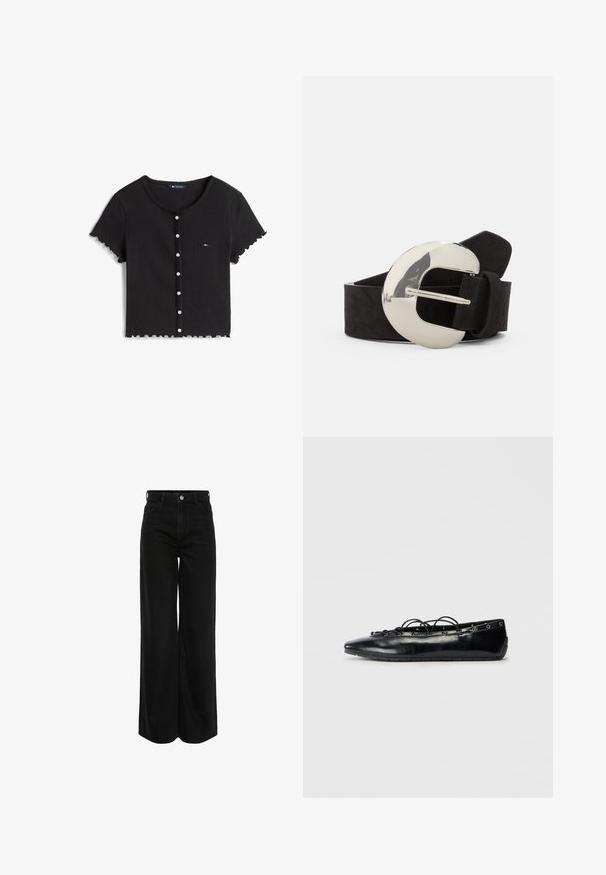 Cárdigan negro de manga corta con canalé, con botones blancos en la parte delantera y un pequeño logo en el pecho izquierdo.; Jeans de mezclilla negra de pierna ancha con cinturilla alta, diseño de cinco bolsillos y herrajes plateados. La tela tiene un acabado suave y ligeramente texturizado.; Zapato plano negro con puntera afilada y cordones en el frente, con detalles de ojetes a lo largo de los bordes, exhibido sobre un fondo blanco.; Cinturón de ante negro con una gran hebilla ovalada de plata pulida y un acabado texturizado. Cuenta con un diseño clásico con un cierre estándar.