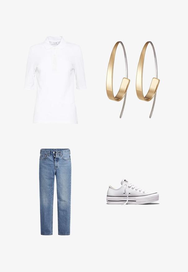 Polo blanc à manches courtes en coton texturé, doté d'un col classique, d'une patte à trois boutons et d'un logo brodé discret.; Jeans en denim bleu clair avec une coupe droite, un design à cinq poches et un bouton pression. Présentent une légère décoloration et des coutures orange en accent.; Baskets basses en toile blanche avec lacets blancs, semelle en caoutchouc, détails à rayures noires, et écusson logo sur la languette et le talon.; Skagen KARIANA - Boucles d'oreilles - gold-coloured