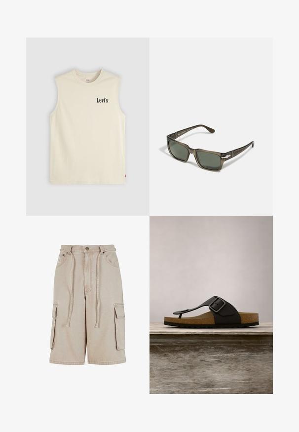 Ärmelloses beiges Baumwolltop mit Rundhalsausschnitt, mit kleinem schwarzem Levi's-Logo auf der linken Brust und rotem Levi's-Etikett in der Seitennaht.; Beige Cargo-Shorts aus Baumwolle mit einem Kordelzugbund, zwei Seitentaschen und einer einzelnen Seitentasche, mit sichtbaren Nähdetails.; Schwarze Birkenstock-Sandale mit Schnalle und Korksohle schwebt über einer Holzbank im Freien vor grünem Laubhintergrund.; Braune rechteckige Sonnenbrille mit dunkelgrünen Gläsern. Verfügt über gemusterte schwarze Bügel und metallische Akzente an den Seiten. Leichter Kunststoffrahmen.