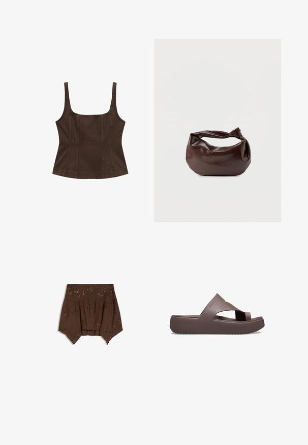 Haut brown sans manches avec un décolleté carré, design ajusté, détails de couture et tissu texturé. Pas d'ornements supplémentaires.; Haut marron épaules dénudées avec ourlet asymétrique, tissu froncé et subtils ornements floraux en sequins.; Sandales à plateforme marron en matériau en caoutchouc, présentant un design à sangles croisées, un bout ouvert et une semelle texturée pour une meilleure adhérence. Logo sur le côté.; Sac bandoulière en cuir marron foncé avec une forme souple et décontractée et une anse nouée torsadée sur un fond blanc uni.