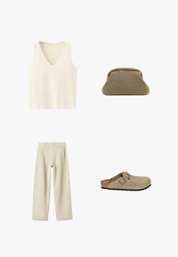Gebreid mouwloos vest in crèmekleur met V-hals, gemaakt van zachte stof, plat gelegd op een witte achtergrond.; Beige broek met wijde pijpen, zijzakken, riemlussen en zichtbare naden, plat liggend op een witte achtergrond.; Beige suède klompen met een ronde neus, verstelbare band en gesp, kurken tussenzool en een gestructureerde zwarte rubberen zool voor voldoende grip.; Beige gevlochten clutch tas met afgeronde trapeziumvorm en een gestructureerd frame aan de bovenkant voor sluiting.