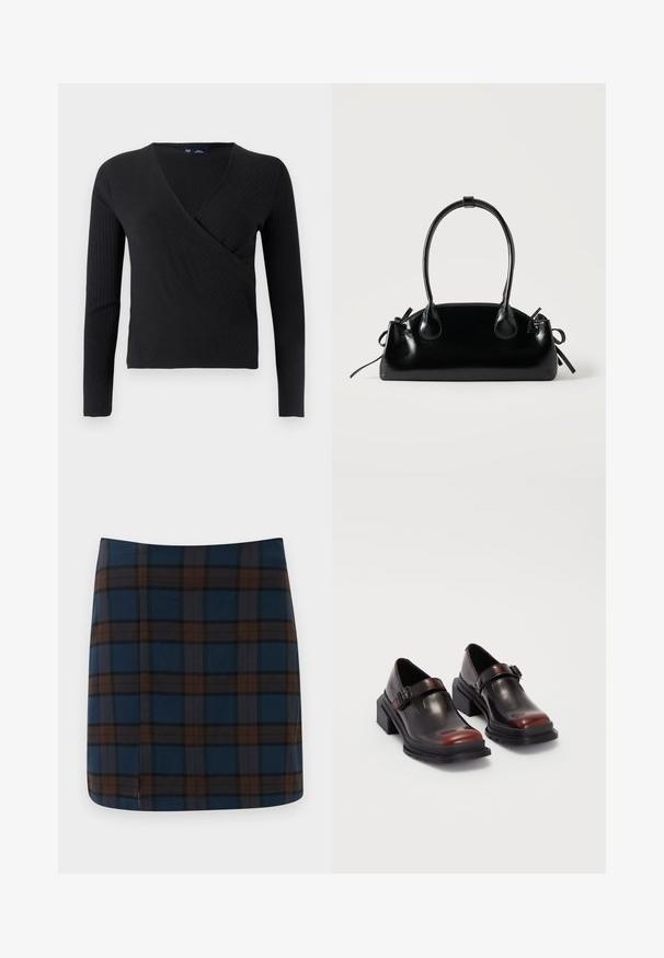Haut cache-cœur noir à manches longues côtelées avec un col en V et une silhouette ajustée. Texture douce et style minimaliste.; Jupe mini en tartan bleu marine avec des lignes marron et grises, fabriquée dans un tissu lisse, avec une fente discrète au dos pour plus de liberté de mouvement.; Chaussures à talons carrés en cuir avec une finition bordeaux foncé brillante, dotées d'une sangle avec boucle et d'un design à bout arrondi. Semelle texturée pour une meilleure adhérence.; Petit sac à main noir brillant avec deux longues anses et des détails à cordon sur les côtés sur un fond clair uni.