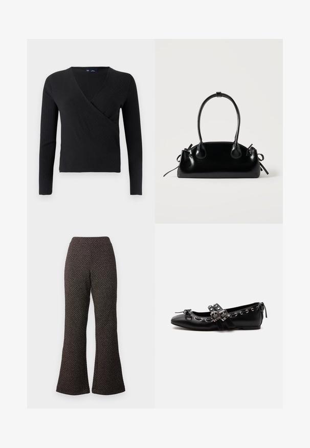 Top negro de manga larga acanalada con diseño de escote en V y silueta entallada. Textura suave y estilo minimalista.; Pantalones negros acampanados hechos de un tejido texturizado con un diseño de punto, que cuentan con una cintura alta y piernas anchas.; Zapato de ballet plano negro con correas de doble hebilla, ojales plateados y un pequeño lazo cerca de la puntera redondeada sobre un fondo blanco.; Pequeño bolso negro brillante con dos asas largas y detalles de cordón lateral sobre un fondo claro liso.