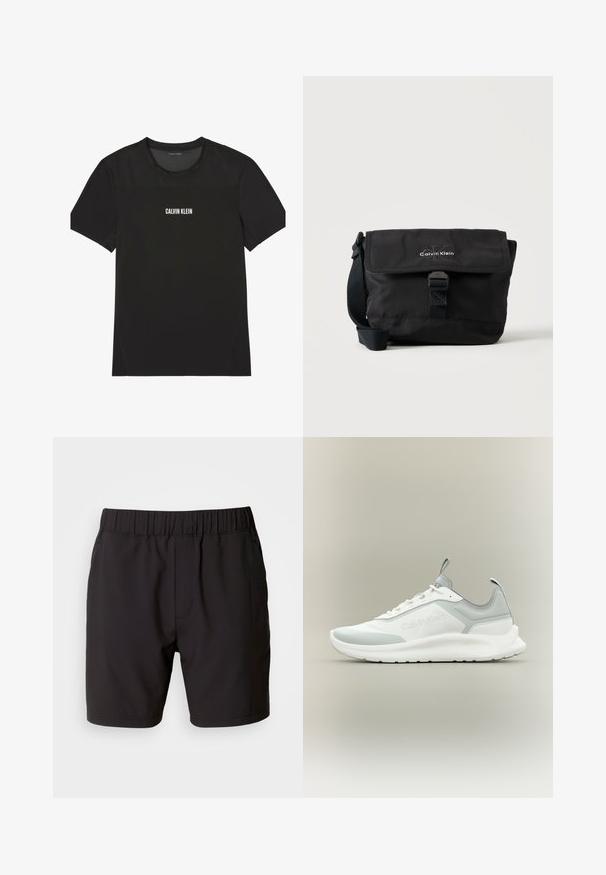 Sort kortærmet Calvin Klein-skjorte med netstof på skuldre og øvre bryst, med brandnavnet trykt i hvidt midt på brystet.; Sorte shorts lavet af strækbart stof, med en elastisk talje, sidelommer og et simpelt, rent design. Ingen mønstre eller detaljer.; Hvid og lysegrå lav-ankel Calvin Klein sneaker med snørebånd, trækflige på tunge og hæl, og en tyk struktureret sål.; Sort Calvin Klein skuldertaske med frontklap, spænde lukning og justerbar rem på hvid baggrund.