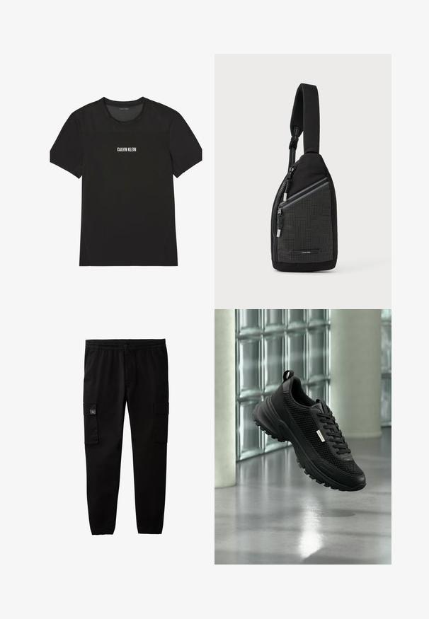 Sort kortærmet atletisk T-shirt med mesh øverst på bryst og skuldre, med "Calvin Klein" logo centreret på fronten.; Sorte cargobukser med elastisk talje og manchetter, knap- og lynlås-lukning samt klaplommer på hvert lår.; Sort sportssko med netpaneler på siden og tyk sål, der svæver indendørs nær glasblokke og søjler på en glat gulv.; Sort skuldertaske med tekstureret design og gittermønster, justerbar rem og lynlåslomme med sølvfarvede metaldetaljer.