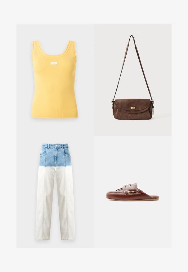 Gul ribbet ærmeløs tanktop med brede stropper og et lille hvidt rektangulært mærke centreret nær udskæringen.; Denim jeans har en blå topdel, der falmer til hvid. Høj Taljede design, lige ben silhuet og synlige syning detaljer.; Brun lædersko med slip-on, moc-tå syning, guldøjelets og dekorativ snøredetalje på siden, flad sål, sideprofil.; Brun ruskind skuldertaske med en lang, justerbar strop og en guldfarvet drejelås på frontklappen.