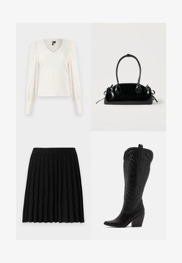 Witte gebreide top met een V-hals, lange pofmouwen en een diamanten patroon. Geribbelde mouwen aan het einde van de mouwen. Zacht, lichtgewicht stof.; Vero Moda Knitted VMMARINA Short - Minirok - black; Zwarte leren kniehoge laarzen met puntige neus en gestapelde hak. Voorzien van decoratief stiksel en gebogen designelementen.; Kleine zwarte glanzende handtas met twee lange hengsels en zijkant trekkoord details op een effen lichte achtergrond.