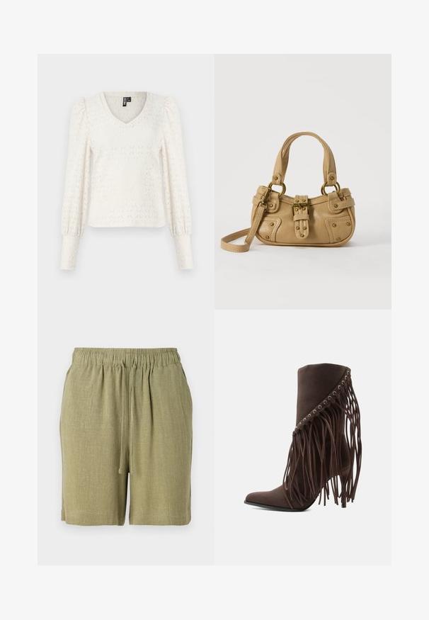 Haut tricoté blanc avec un col en V, de longues manches bouffantes et une texture en motif de losanges. Poignets côtelés aux extrémités des manches. Tissu doux et léger.; Shorts vert olive fabriqués en tissu texturé et respirant. Dotés d'une taille élastique et d'un cordon de serrage pour un ajustement réglable.; Bottine marron en daim à talon haut avec bout pointu et longues franges suspendues du bord supérieur.; Sac à main en cuir beige avec double poignées, boucle en laiton et détails rivetés, ainsi qu'une bandoulière réglable sur fond blanc.