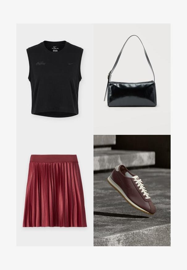Sort ærmeløs cropped Nike Dri-FIT træningstop med rund hals og diskrete Nike-logoer på bryst og krave.; Plisseret nederdel lavet af skinnende, burgunder stof med en bred, elastisk talje. Længden er over knæet, med lodrette plisseringer over det hele.; Vinrød Nike-sneaker med hvide snørebånd og beige sål, ophængt over grå betontrapper i udendørs omgivelser.; Sort rektangulær skuldertaske med en enkelt justerbar rem og lynlås i toppen på en ensfarvet baggrund.