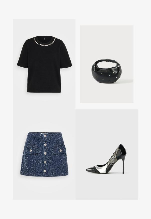 Jersey negro de manga corta con cuello redondo adornado con una sola fila de pequeñas embellishments florales blancas.; Minifalda de tweed azul marino con cierre frontal de botones, dos bolsillos de parche y patrón texturizado. Cuenta con botones en tono plateado para el cierre.; Zapato de tacón alto en negro y plata con punta afilada, que presenta un panel lateral de malla con un patrón de piel de serpiente y un elegante tacón de aguja.; Bolso de mano de cuero negro con forma redondeada, decorado con detalles de tachuelas plateadas y un asa corta. Textura lisa y cierre con cremallera.