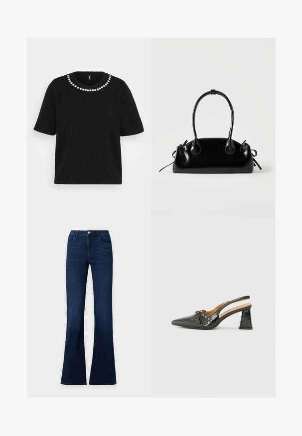 Pull en maille noir à manches courtes avec col rond orné d'une seule rangée de petites décorations florales blanches.; Jean en denim bleu foncé avec jambes évasées, poches avant et fermeture à bouton à la taille.; Chaussure slingback en cuir verni noir avec un bout pointu, un talon triangulaire et une sangle décorative avec des accents en argent. Texture lisse.; Petit sac à main noir brillant avec deux longues anses et des détails à cordon sur les côtés sur un fond clair uni.