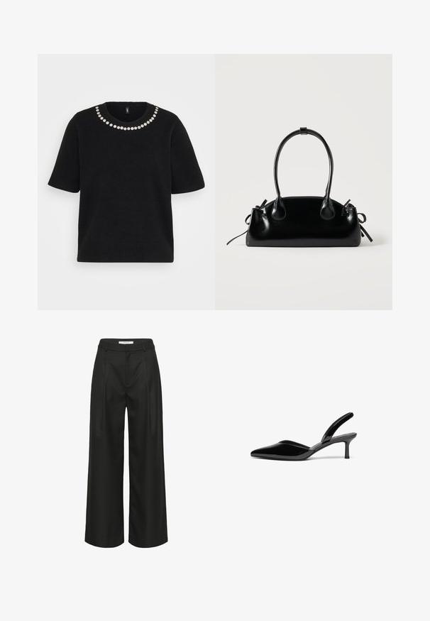 Pull en maille noir à manches courtes avec col rond orné d'une seule rangée de petites décorations florales blanches.; Pantalon noir à jambes larges avec une coupe ajustée, doté d'une taille haute, de plis à l'avant et d'une texture de tissu lisse. Convient pour une tenue formelle.; Escarpins à talon aiguille en cuir verni noir, avec un bout pointu, un talon aiguille bas et un design élégant et simple sans embellissements.; Petit sac à main noir brillant avec deux longues anses et des détails à cordon sur les côtés sur un fond clair uni.