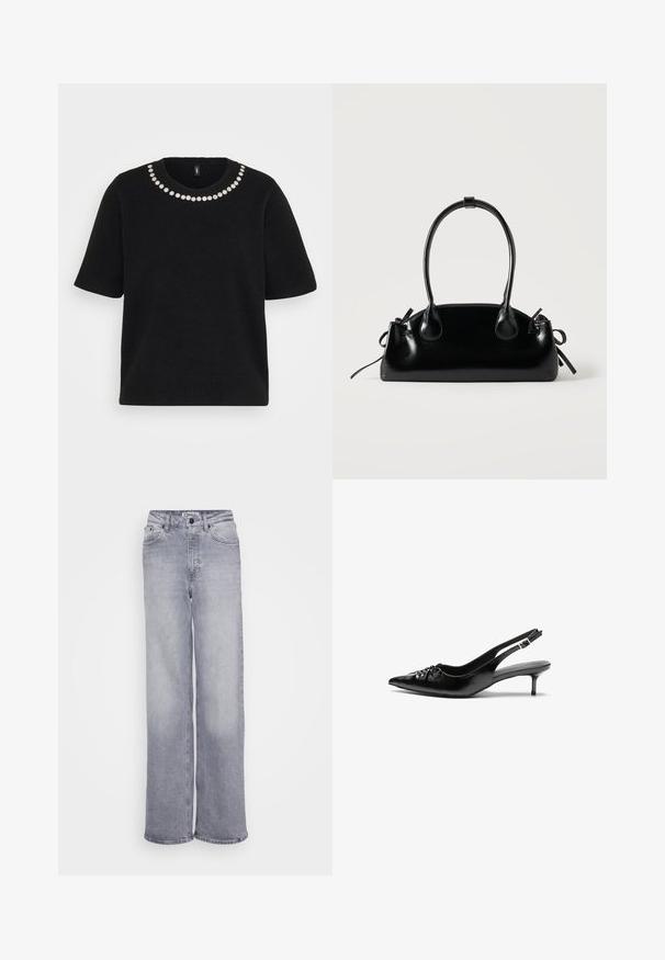 Must kunikeste varrukatega kudum, millel on ümmargune kaelus, millel on ühes reas väikesed valged lillede kaunistused.; ONLY Tall ONLJUICY WIDE LEG - Wide leg - medium grey denim; Mustad nahast rihmikud terava nina, madala kassisaba kand ja volditud detailiga eespool. Siledat tekstuuri ja minimalistlikku disaini.; Väike must läikiv käekott kahe pika sangaga ja külgedel paelakinnitustega, ühel lihtsal helel taustal.