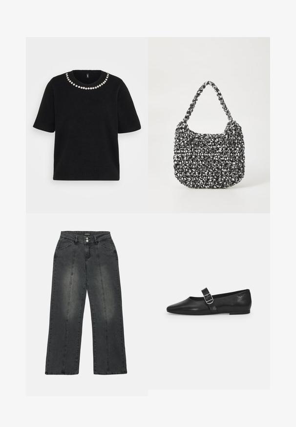 Sort kortærmet striktrøje med rund halsudskæring prydet med en enkelt række af små hvide blomsterdekorationer.; Viddejeans i mørkegrå denim med høj talje, to frontlommer, midtersøm og diskret falmning på stoffet.; Sorte læder flade sko med rund tå, et enkelt justerbart spænde og en glat, blank overflade. Minimalistisk design med en lav hæl.; Vævet håndtaske i sort og hvid med en rund form, tekstureret overflade og et fletet håndtag. Velegnet til afslappet brug.