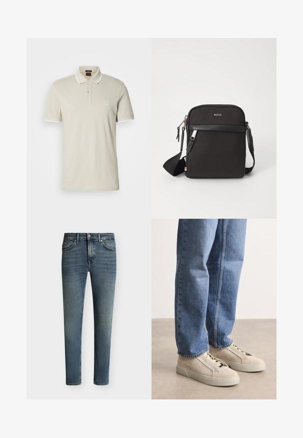 Hellbeiges Poloshirt aus Baumwolle. Verfügt über einen klassischen Kragen, eine Zweiknopfleiste und kontrastierende weiße Manschetten. Mit einem Logo-Patch versehen.; Blau ausgewaschene Slim-Fit-Jeans mit fünf Taschen und Knopf- und Reißverschluss auf einfarbigem Hintergrund.; BOSS GARYTENN_SDHDEL - Sneaker low - natural ten; Schwarze Umhängetasche aus strukturiertem Stoff, mit Logo auf der Vorderseite, Reißverschluss und verstellbarem Tragegurt. Verfügt über eine glatte Lederbesatz.