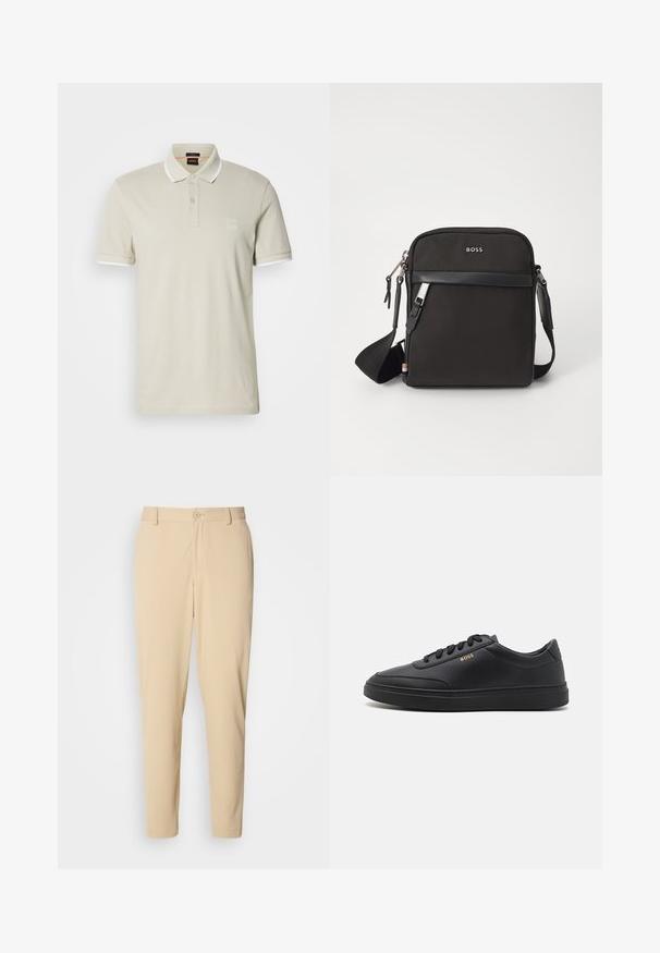 Lysebeige poloshirt lavet af bomuld. Har en klassisk krave, to-knaps lukning og kontrasterende hvide manchetter. Indeholder et logoemblem.; Beige bukser med struktur i slim fit, med knaplukning foran, bæltestropper og sidelommer. Glat stoffinish.; Sorte lædersneakers med en glat overflade, rund tå, flad gummisål og tonede snørebånd. Udstyret med guld "BOSS" branding på siden.; Sort crossbody taske med et struktureret stof, logo på fronten, lynlås lukning og justerbar rem. Har en glat læderkant.