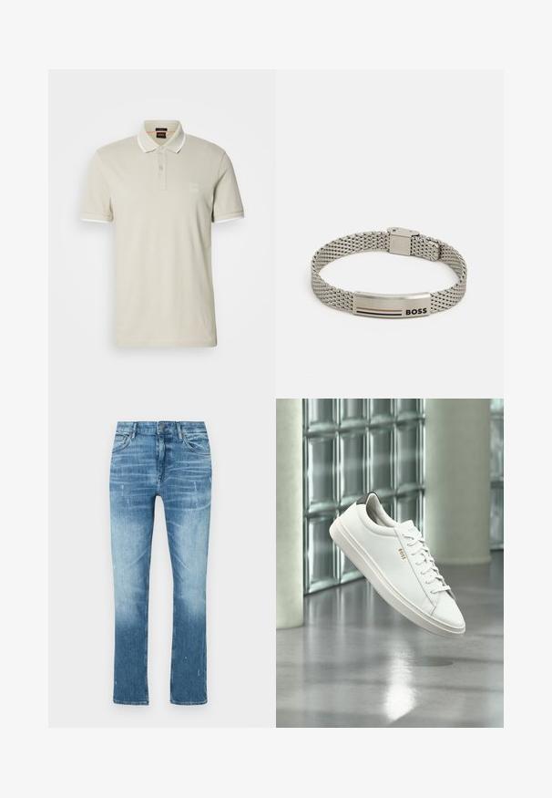 Polo beige clair en coton. Présente un col classique, une patte à deux boutons et des poignets blancs contrastants. Comprend un écusson logo.; Jean droit bleu clair en denim, avec une finition délavée, des légères distorsions et un design traditionnel à cinq poches.; Baskets basses en cuir blanc avec lacets, languette de talon noire et logo « BOSS », flottant à l'intérieur près d'un mur en blocs de verre et d'un sol poli.; Bracelet en maille argentée avec une plaque métallique incurvée, gravée du mot "BOSS" et de trois rayures colorées. Design de fermoir réglable.