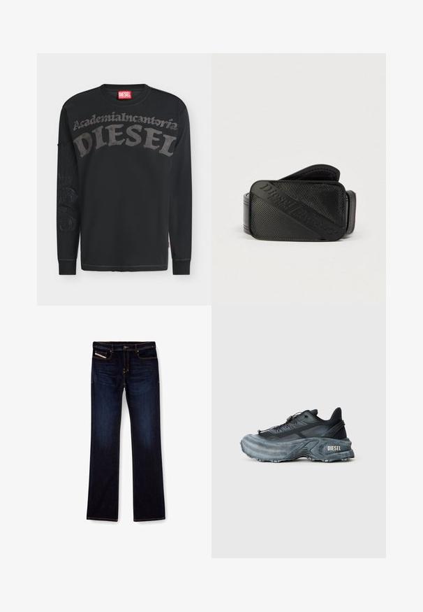 Zwarte Diesel trui met lange mouwen met grote grijze tekst "Academia Incantoria DIESEL" over de borst en subtiel ontwerp op de linkermouw.; Donkerblauwe denim jeans met een rechte pijp, voorzien van oranje stiksels, een ritssluiting en voorzakken. Glad oppervlak en een standaard tailleband.; Zwarte en grijze Diesel sneakers met dikke zool, vetersluiting en gestructureerd ontwerp op een effen lichtgrijze achtergrond.; Zwarte riem met een gestructureerd ontwerp en een opvallend geperst logo. Het materiaal lijkt glad met een lederachtige afwerking.