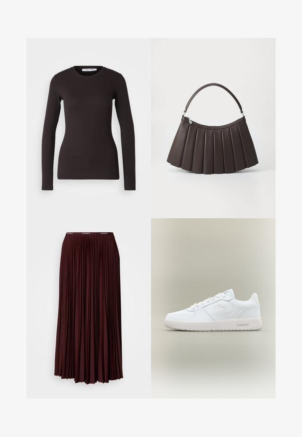 Haut noir à manches longues en tissu doux et extensible. Il présente un col rond et une coupe ajustée avec une texture lisse et sans motifs visibles.; Jupe plissée bordeaux en tissu doux avec une taille élastique arborant un logo discret. Modèle longueur complète avec des plis verticaux.; Sneakers en cuir blanc avec une finition lisse, bout rond, design à lacets et un logo discrètement embossé sur le côté. Dispose d'une semelle en caoutchouc.; Sac à main marron plissé avec un sommet arrondi, une base plate et une poignée courte. Fabriqué en matière lisse avec un détail de marque subtil.