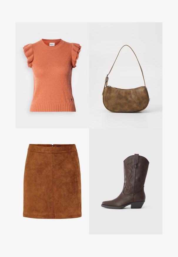 Orange kortærmet strikket sweater med flæseærmer, der har et tekstureret mønster og en ribbet kant. Mærkeetiketten er synlig på forsiden.; Brun ruskind mini skirt med en glat tekstur, lige snit og en diskret lynlås bagpå. Har søm detaljer for struktur.; Brun lædercowboystøvle med spids snude, dekorative syninger på skaftet og en lav, stablet hæl. Glat tekstur og buet design.; Brun faux læder skuldertaske med en buet form, en enkelt strop, kontrasterende syninger og en lynlåslukning langs den øverste kant.