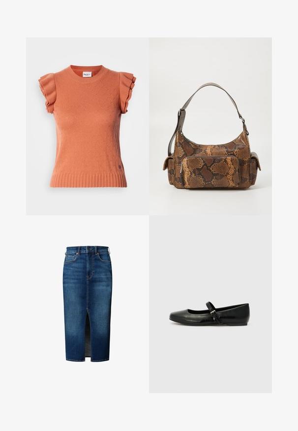 Orangefarbener, kurzärmeliger Strickpullover mit gerafften Ärmeln, einem strukturierten Muster und einem gerippten Saum. Markenetikett vorne sichtbar.; Dunkelblauer Jeans-Midirock mit vorderem Schlitz, Knopfverschluss, Gürtelschlaufen und Fronttaschen.; Schwarze Leder-Ballerinas mit einer runden Spitze, einer flachen Sohle und einem dünnen, verstellbaren Riemen über dem Spann mit einer Metallschnalle.; Braune Handtasche mit Schlangenprint, strukturierten Oberflächen, geschwungenem Design, einem Schultergurt und einer vorderen Reißverschlusstasche.