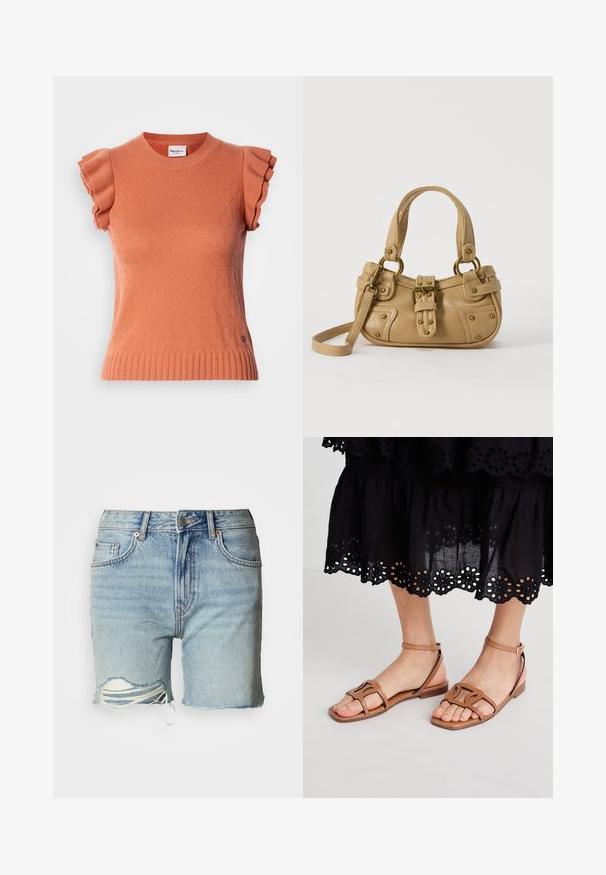 Pull en maille orange à manches courtes avec manches à volants, présentant un motif texturé et un ourlet côtelé. Étiquette de la marque visible à l'avant.; Shorts en denim bleu clair avec ourlet effiloché, détails usés et fils blancs visibles au niveau de la coupe. Design classique à cinq poches.; Sandales en cuir brun clair avec une semelle plate, dotées de brides structurées et d'une boucle de cheville réglable, associées à une jupe noire à œillets.; Sac à main en cuir beige avec double poignées, boucle en laiton et détails rivetés, ainsi qu'une bandoulière réglable sur fond blanc.