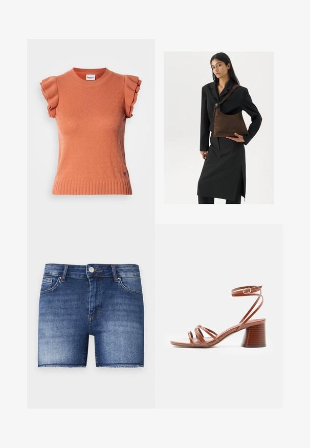 Pull en maille orange à manches courtes avec manches à volants, présentant un motif texturé et un ourlet côtelé. Étiquette de la marque visible à l'avant.; Shorts en denim dans un délavage bleu moyen avec une coupe droite. Présentent des zones décolorées, une poche frontale et un ourlet brut en bas.; Sandale marron à brides avec talon bloc et boucle à la cheville, design minimaliste, texture en cuir lisse, vue de côté sur fond uni.; Femme portant un blazer noir et une jupe, tenant un grand sac à épaule en suede marron foncé contre un fond blanc.