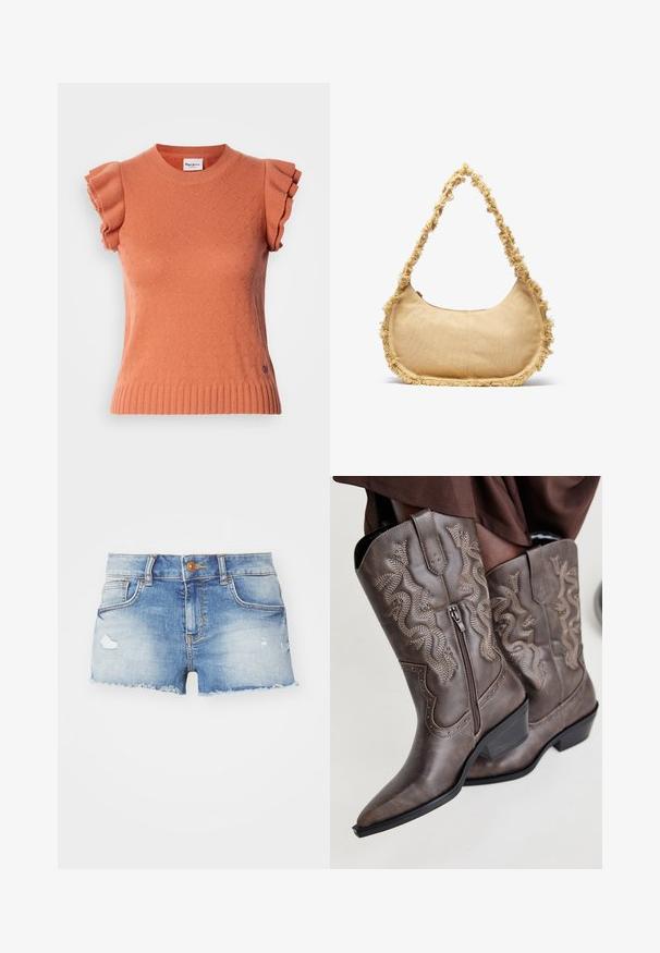 Oranje trui met korte mouwen en ruches aan de mouwen, met een gestructureerd patroon en een geribbelde zoom. Merklable zichtbaar aan de voorkant.; Lichtblauwe denimshorts met een versleten afwerking, rafelige zoom, vijf zakken en een enkele knoopsluiting aan de voorkant.; Bruine leren cowboylaarzen met een spitse neus, zijrits en een textuur van een slang in beige, met decoratieve studs langs de randen.; Geverfde beige tas met een ronde vorm, rafelige rand langs de randen en een korte schouderband. Ritsopening aan de bovenkant.