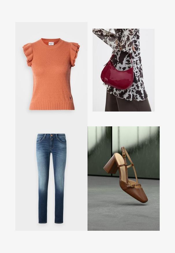 Orange kortærmet strikket sweater med flæseærmer, der har et tekstureret mønster og en ribbet kant. Mærkeetiketten er synlig på forsiden.; Skinny jeans lavet af denim med en blå gradient fra mørk til lys. Fem-lomme design med lynlås og metalknap. Glat tekstur.; Brun læder sko med hæl, spids tå, justerbar ankelrem og guldfarvet firkantet spænde. Glat tekstur og kraftig hæl.; Kvinde iført en sort- og hvidmønstret bluse, der holder en blank rød skuldertaske mod en ensfarvet baggrund.