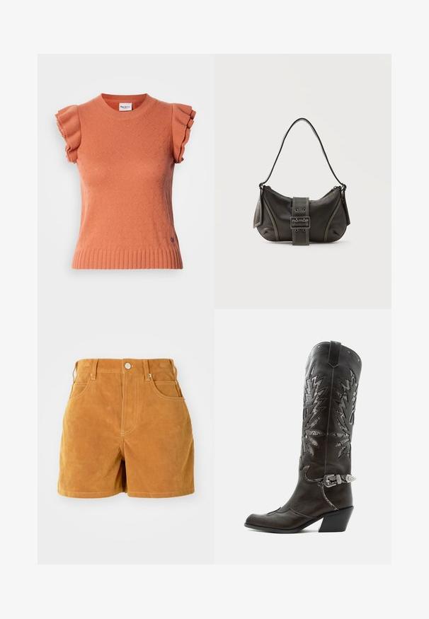 Suéter de punto naranja de manga corta con mangas con volantes, que presenta un patrón texturizado y un dobladillo acanalado. Etiqueta de la marca visible en la parte delantera.; Pantalones cortos de ante marrón de cintura alta con botón frontal, lazos para cinturón y diseño de cinco bolsillos sobre un fondo blanco liso.; Bota cowboy de cuero negro con recortes decorativos, hebilla plateada y tacón inclinado, presentada sobre fondo blanco.; Bolso de hombro de cuero negro con detalle de correa con hebilla, bordes curvos y costuras blancas en contraste sobre un fondo liso.