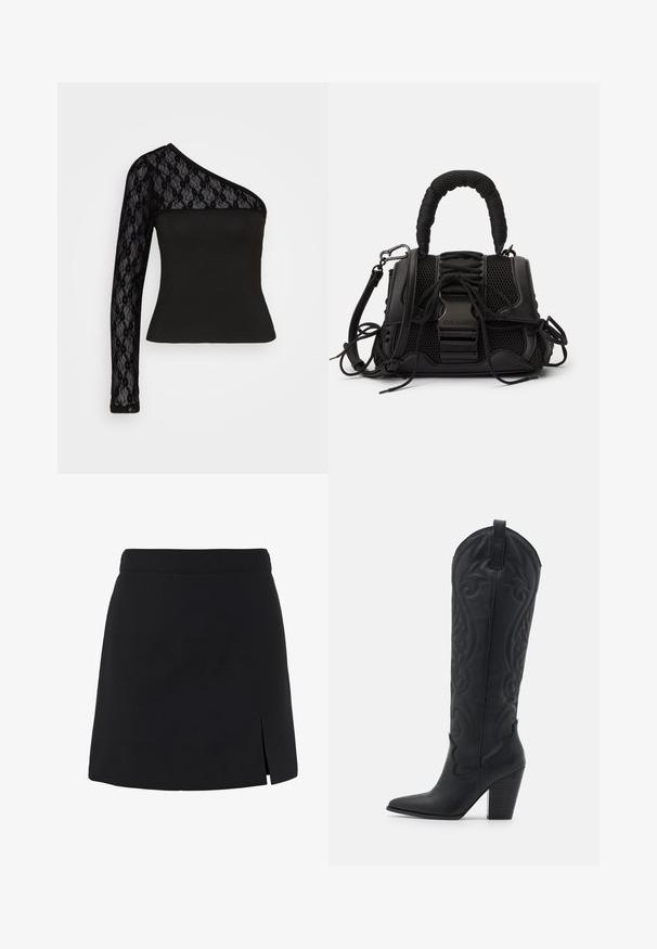 Pieces PCSILONE ONE SHOULDER - Camiseta de manga larga - black; Minifalda negra línea A con cintura alta y una pequeña abertura en el lado delantero derecho.; Zign LEATHER - Botas camperas - black; Bolso negro con un exterior de malla, asa trenzada y cordones decorativos. Incluye una correa desmontable y acentos de hardware en contraste.