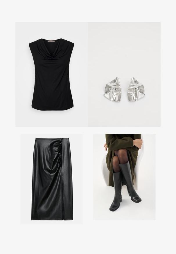 Anna Field by Zalando Débardeur - black; Jupe en cuir noir avec une texture lisse, présentant une section froncée sur un côté et une fente sur le côté pour un détail supplémentaire.; Bottes en cuir noires arrivant au genou, avec un bout carré et un talon carré, présentées sur un modèle assis dans un manteau vert olive. Texture lisse, détails minimaux.; Boucles d'oreilles en métal argenté avec un design ondulé et sculptural, présentant une finition polie et des formes irrégulières, mettant en valeur une esthétique contemporaine.