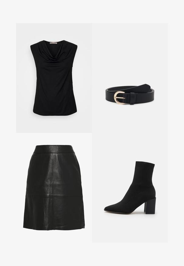 Anna Field by Zalando Top - black; Sort nederdel i imiteret læder med A-form, høj talje og synlige sømdetaljer hen over fronten og nær nederste kant.; Sort ankelstøvle lavet af strækstof, med spids tå og firkantet blokhæl, og med ribbet kant øverst.; Sort læderbælte med en guld metalspænde, flad tekstur og en enkelt ring; har en glat overflade og minimal design.