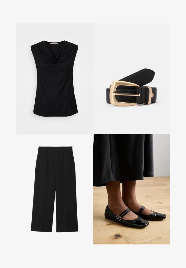 Anna Field by Zalando Top - black; Zwarte wijde broek gemaakt van een gladde stof, met twee voorkruiszakken, een vlakke voorkant en een ritssluiting aan de zijkant.; Zwarte gepatineerde leren ballerina's met een vierkante neus, voorzien van twee banden met gespen. De zolen zijn plat op een lichte houten vloer.; Zwarte leren riem met een gouden rechthoekige gesp. De riem heeft een gladde textuur en een subtiele stikselafwerking langs de randen.