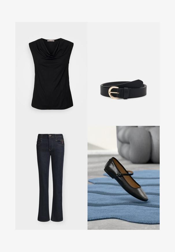 Anna Field by Zalando Top - black; Mørkeblå denimjeans med lette vide ben, frontknap og lynlåslukning, forlommer og synlige syningsdetaljer.; Sort læder Mary Jane-sko med spænde, vist på et struktureret blåt tæppe, med en sløret grå tuftet sofa i baggrunden.; Sort læderbælte med en guld metalspænde, flad tekstur og en enkelt ring; har en glat overflade og minimal design.
