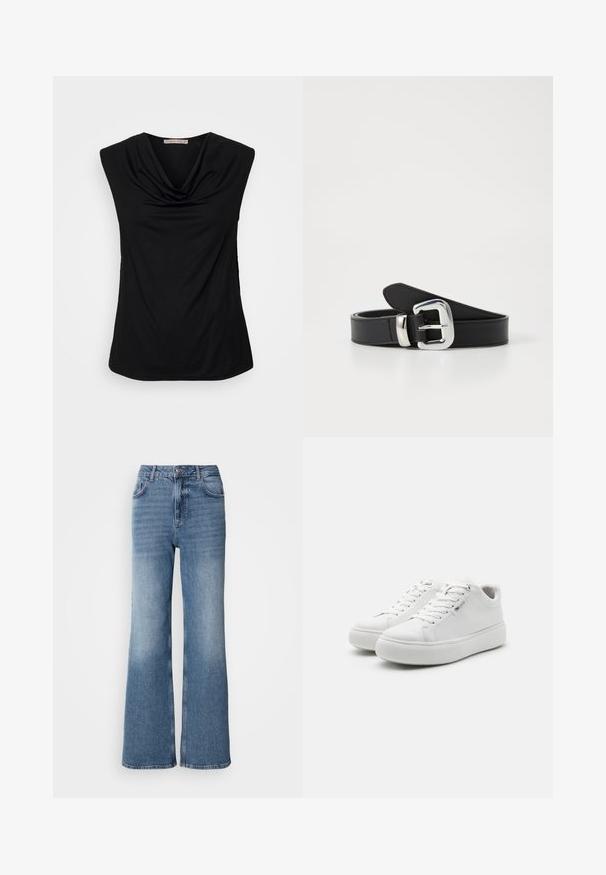 Anna Field by Zalando Top - black; Mos Mosh MAI - Jeans Straight Leg - blue wash; Hvide lavtop sneakers med en glat lærredsoverdel, rund tå og tyk gummisål. Har snørebånd foran og et minimalistisk design.; Sort læderbælte med en sølvmetalspænde, der har en glat overflade og et rent, minimalistisk design.