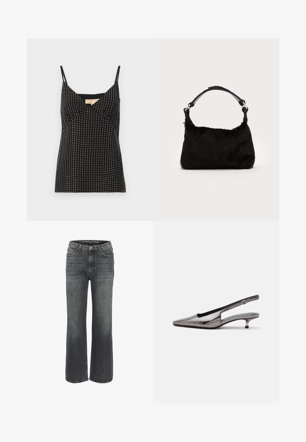 Top sin mangas negro con un diseño ajustado, escote en V y tela texturizada decorada con lunares blancos en toda su superficie.; Jeans de pierna ancha en denim gris oscuro, que cuentan con un diseño clásico de cinco bolsillos, detalles de costura y un cierre de botón en la cintura.; Zapato slingback gris metálico con punta puntiaguda, tacón bajo tipo kitten y correa ajustable sobre fondo blanco.; Bolso de mano de piel sintética negra con una textura suave, forma redondeada y una resistente correa de cuero negro para el hombro. Acentos de herrajes plateados visibles.
