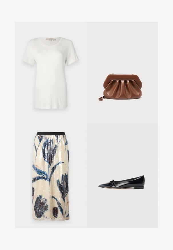 T-shirt blanc à manches courtes en coton doux et extensible. Dispose d'un col rond et d'une texture lisse et unie sans motifs visibles.; Jupe midi beige avec taille élastique noire, grand motif floral bleu et sombre pailleté.; Chaussure plate en cuir verni noir avec un bout pointu, une petite lanière décorative et un petit talon carré. Texture lisse et design épuré.; Pochette en cuir marron au design plissé et structure rigide en haut, équipée d'une petite anse pour poignet et de détails de fermoir dorés.
