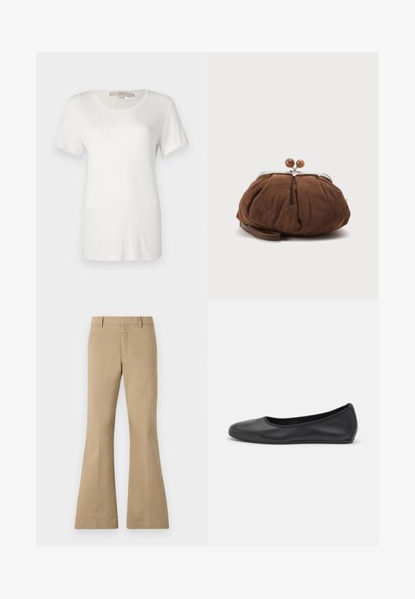 T-shirt blanc à manches courtes en coton doux et extensible. Dispose d'un col rond et d'une texture lisse et unie sans motifs visibles.; CLOSED FELISE - Pantalon classique - urban beige; Ballerines en cuir noir avec un bout rond, texture lisse, détails de couture minimalistes et design de semelle flexible.; Petit sac poignet en daim marron doux avec cadre en métal argenté et boules rondes marron de fermeture sur fond clair uni.