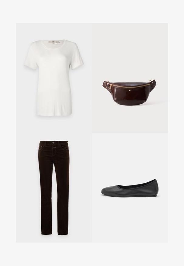 T-shirt blanc à manches courtes en coton doux et extensible. Dispose d'un col rond et d'une texture lisse et unie sans motifs visibles.; Pantalon en velours côtelé marron avec une coupe droite, doté d'une fermeture à bouton, de deux poches avant et d'un tissu doux au toucher.; Ballerines en cuir noir avec un bout rond, texture lisse, détails de couture minimalistes et design de semelle flexible.; Sac de taille en cuir brillant marron foncé avec fermeture éclair et dorures, au design minimaliste, reposant sur un fond blanc uni.