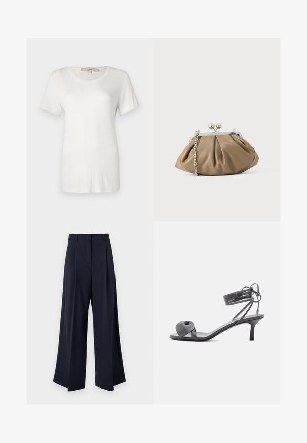 T-shirt blanc à manches courtes en coton doux et extensible. Dispose d'un col rond et d'une texture lisse et unie sans motifs visibles.; Pantalon large bleu marine avec plis sur le devant, passants pour ceinture et fermeture avant dissimulée.; Sandale à talon en cuir gris avec une bride nouée sur les orteils et des lacets enroulants autour de la cheville, sur un talon moyen et fin, sur fond blanc.; Pochette en cuir beige clair à la forme arrondie, texture plissée, fermeture à verrou argentée et bandoulière chaîne amovible.