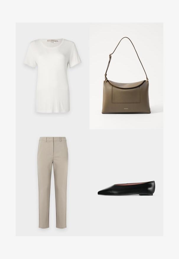 Weißes T-Shirt mit kurzen Ärmeln aus weichem, elastischem Baumwollstoff. Es hat einen runden Halsausschnitt und eine glatte, einfarbige Textur ohne sichtbare Muster.; MM by MaxMara EFFETTO - Stoffhose - sand; Schwarzer flacher Damenleder-Schuh mit spitzer Kappe und niedrigem Absatz, von der Seite auf einfarbigem hellgrauem Hintergrund gezeigt.; Olivgrüne Lederhandtasche mit strukturiertem Oberflächen, Klappenverschluss und verstellbarem Tragegurt. Verfügt über eine Fronttasche und goldfarbene Beschläge.