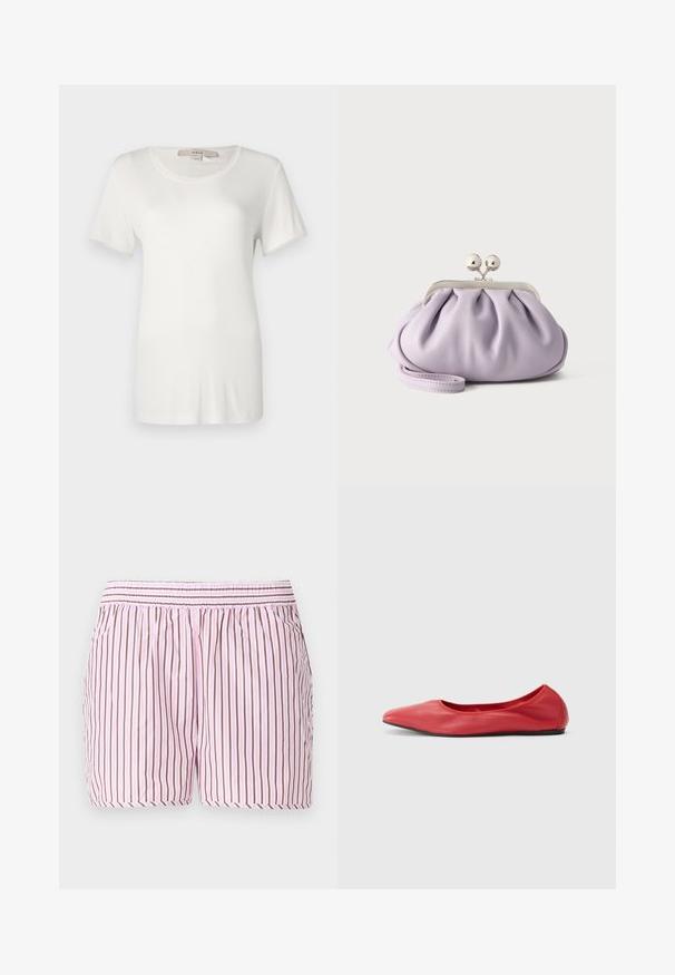 T-shirt blanc à manches courtes en coton doux et extensible. Dispose d'un col rond et d'une texture lisse et unie sans motifs visibles.; Shorts de sommeil en coton avec des rayures verticales roses et brunes, une taille élastique avec smocks et une coupe décontractée pour le confort.; Filippa K REY FLATS - Ballerines - bright red; Pochette lavande douce avec tissu froncé, fermoir kiss-lock argenté et bracelet assorti sur un fond clair uni.