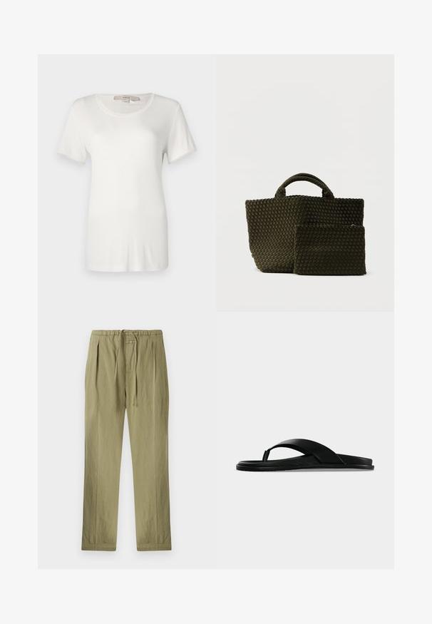 Camiseta blanca de manga corta hecha de algodón suave y elástico. Presenta un escote redondo y una textura lisa y uniforme sin patrones visibles.; Pantalones de algodón en un verde oliva claro, con cintura elástica ajustable, pliegues y diseño de pierna recta. Textura suave con acentos mínimos.; Sandalia plana negra con tira entre los dedos y banda ancha que cruza el pie, vista desde un lateral sobre un fondo liso.; Bolso tote tejido de verde oliva oscuro con dos asas, que incluye una bolsa desmontable a juego, ambas con una superficie texturizada y forma rectangular.