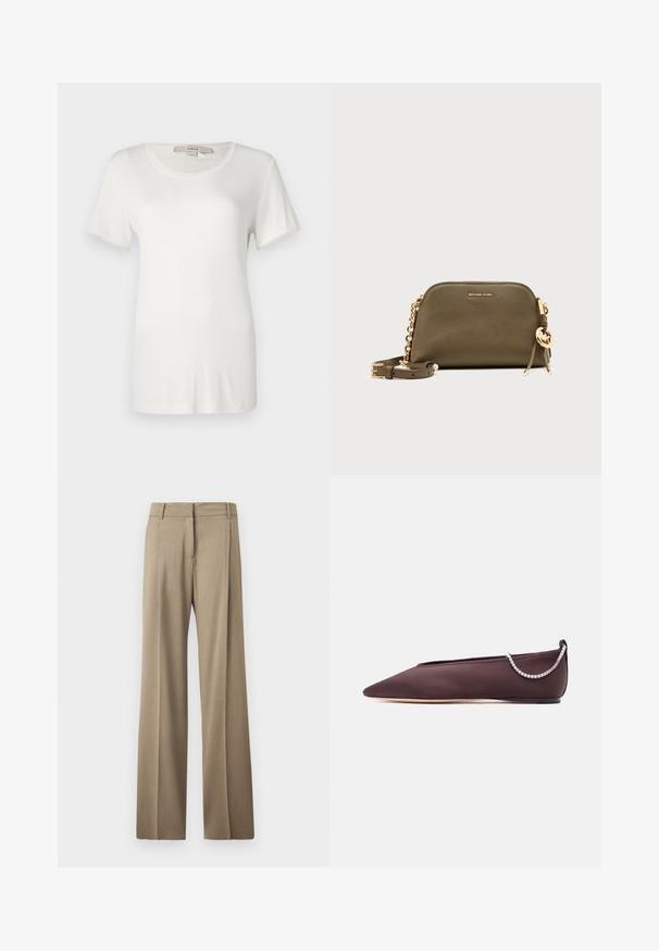 Camiseta blanca de manga corta hecha de algodón suave y elástico. Presenta un escote redondo y una textura lisa y uniforme sin patrones visibles.; Pantalones de pierna ancha en un tejido marrón claro. Presentan una textura suave, pliegues bien planchados y un diseño de cinturilla plana en la parte delantera.; Zapato plano de punta fina de color marrón oscuro con un tacón bajo y un detalle de cadena de pedrería plateada en la parte trasera.; Bolso bandolera Michael Kors de cuero verde oliva con correa de cadena dorada, charm de logo dorado y pequeño nombre de la marca en relieve en el frente.
