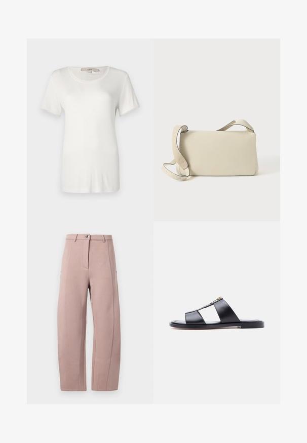 T-shirt blanc à manches courtes en coton doux et extensible. Dispose d'un col rond et d'une texture lisse et unie sans motifs visibles.; Pantalon en tissu rose clair et doux, à coupe droite, avec une fermeture éclair à l'avant, un bouton de fermeture et des poches latérales. Texture lisse avec des détails de couture.; Sandale noire à semelle plate avec deux larges brides en cuir et une petite boucle dorée sur fond gris clair.; Sac à bandoulière en cuir couleur crème avec sangle réglable et fermoir à rabat, posé sur un fond blanc uni.