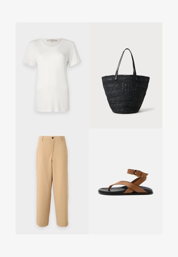Hvid kortærmet t-shirt lavet af blød, strækbar bomuld. Har en rund halsudskæring og en glat, ensartet tekstur uden synlige mønstre.; CLOSED WRENNA - Bukser - urban beige; Flad sandal med sort sål, brun læder tå-loop, krydsremme, ankrem og guldbeslag på en neutral baggrund.; Sort vævet tote taske med to tynde læderhåndtag og et diskret fletlogo foran, stående mod en lys baggrund.